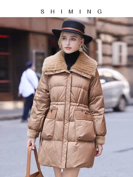 2023, зимняя новая высококачественная шелковая пуховая куртка, женская теплая шуба из гусиного пуха средней длины, тонкая норковая шуба с меховым воротником
