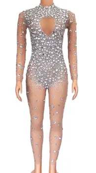 Блестящий Серебристый Комбинезон с прозрачными кристаллами и длинными рукавами, Костюм для празднования Дня Рождения, Женская танцевальная одежда для выпускного вечера
