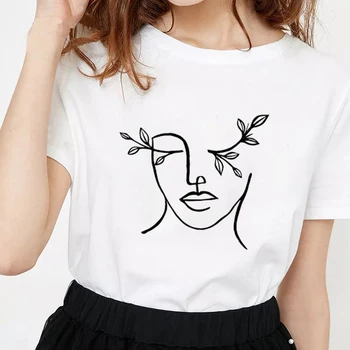 Женская минималистичная хлопковая футболка с абстрактным принтом лица, Новая модная летняя футболка с короткими рукавами, Повседневные художественные женские футболки, топы