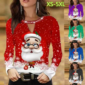 Рождественская одежда, Женский повседневный топ с принтом Санта-Клауса, длинный рукав с V-образным вырезом, Свободная мягкая и удобная футболка XS-5XL